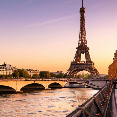 Home 4 ** A breathtaking panoramic view of the Eiffel Tower at sunset in Paris, France. Capture the golden hour glow reflecting off the Seine River. Include people enjoying a romantic evening stroll along the riverbank.
**