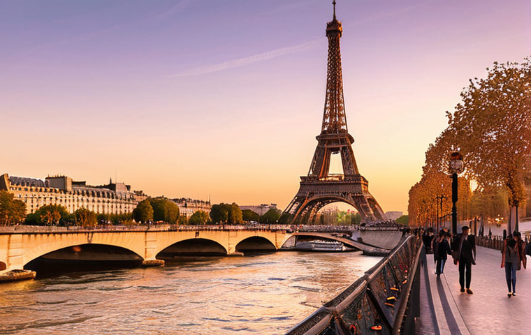 ** A breathtaking panoramic view of the Eiffel Tower at sunset in Paris, France. Capture the golden hour glow reflecting off the Seine River. Include people enjoying a romantic evening stroll along the riverbank.
**
