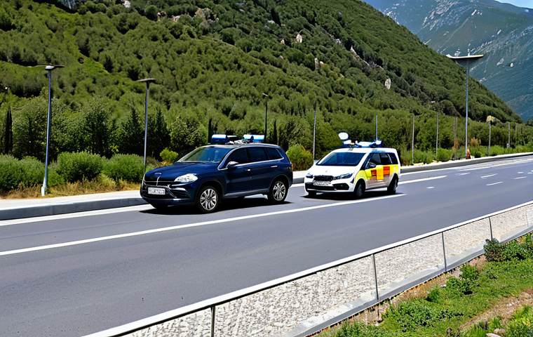 Border Security**

"A modern border crossing point in the Pyrenees mountains between Spain and France, featuring advanced surveillance technology like drones and thermal cameras. Border agents in professional uniforms are working diligently, inspecting vehicles. The scene is bright and clear, emphasizing security and vigilance. Safe for work, appropriate content, fully clothed, professional. Perfect anatomy, correct proportions, natural pose, well-formed hands, proper finger count, natural body proportions, professional photography, high quality."

**