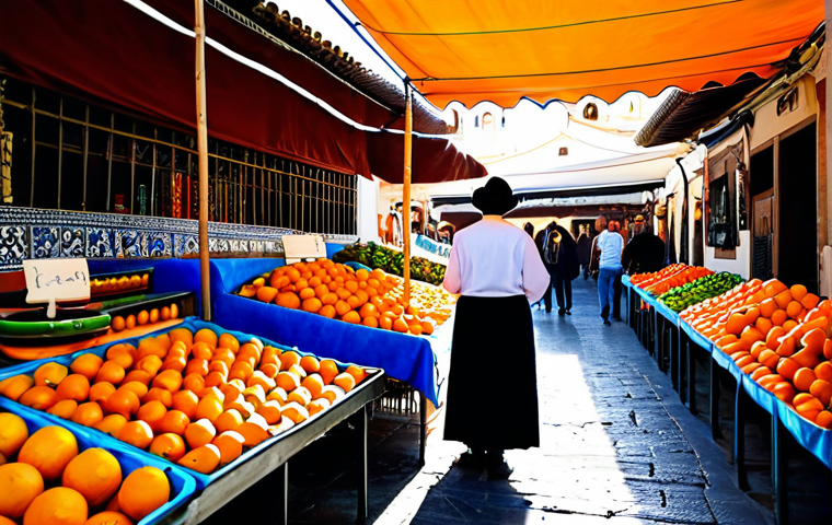 국제 사회에서의 언어와 문화적 정체성 - **
"A vibrant marketplace scene in Seville, Spain. A fully clothed vendor, wearing a traditional An...