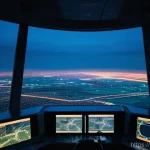 국제 항공법과 우주법 - **Prompt:** A vibrant, futuristic air traffic control tower at sunset, with highly skilled air traff...