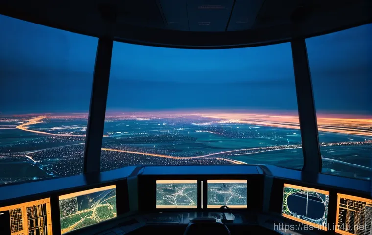 국제 항공법과 우주법 - **Prompt:** A vibrant, futuristic air traffic control tower at sunset, with highly skilled air traff...