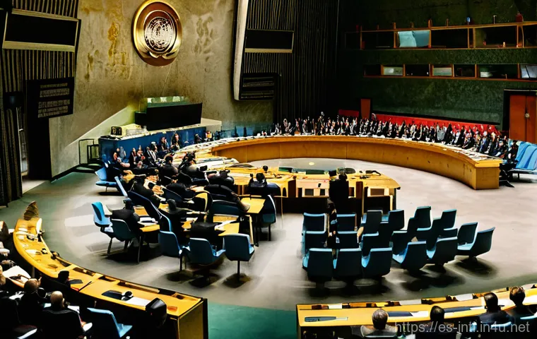 유엔 안보리 결의안 분석 - **Prompt 1: The Heart of Global Diplomacy in Action**
"A wide-angle, high-definition photographi...