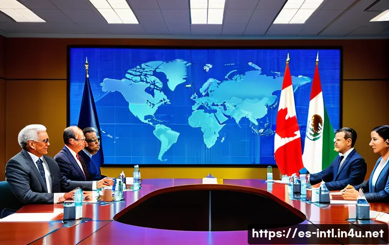 국제통상 정책 분석 - A detailed digital illustration of an international trade negotiation scene set in a modern conferen...