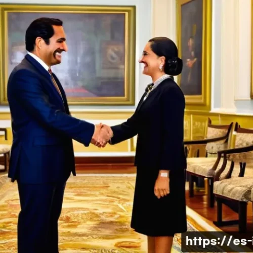 국제 외교 프로토콜과 의전 - A formal diplomatic greeting scene in a Latin American setting: two well-dressed diplomats, one male...