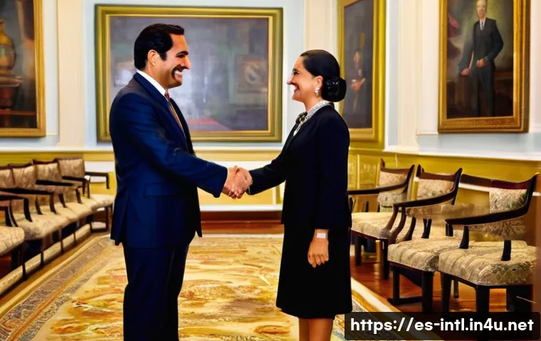 국제 외교 프로토콜과 의전 - A formal diplomatic greeting scene in a Latin American setting: two well-dressed diplomats, one male...