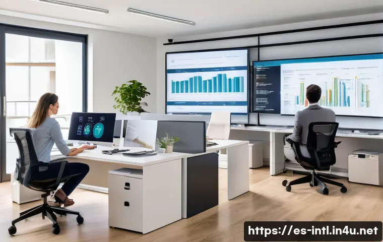 국제 데이터 보호와 개인정보법 GDPR - A modern office environment in Spain, showing diverse professionals collaborating on data privacy co...
