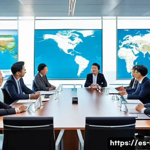 국제 해양법 판례 분석 - A detailed maritime legal conference scene set in a modern conference room overlooking the ocean, fe...