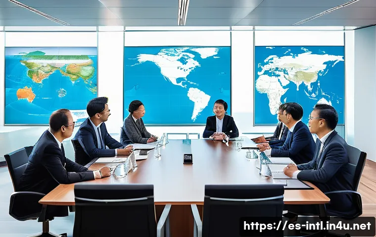 국제 해양법 판례 분석 - A detailed maritime legal conference scene set in a modern conference room overlooking the ocean, fe...