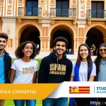 국제 교육 교류 프로그램 - A vibrant university campus scene in Spain during a multicultural student exchange program, showing ...