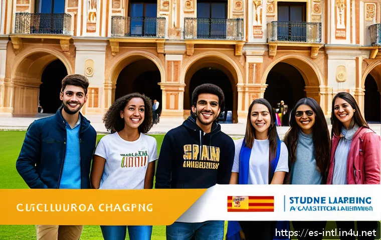 국제 교육 교류 프로그램 - A vibrant university campus scene in Spain during a multicultural student exchange program, showing ...