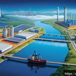 동아시아 국제 관계 분석 - A detailed illustration of East Asian economic cooperation featuring modern factories and interconne...
