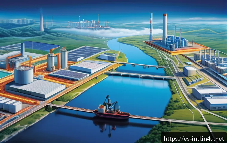 동아시아 국제 관계 분석 - A detailed illustration of East Asian economic cooperation featuring modern factories and interconne...