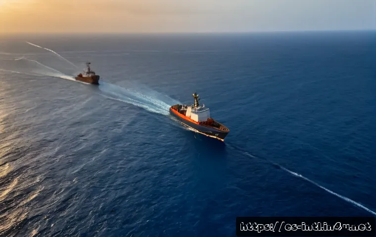 남중국해 영유권 분쟁 - Photorealistic editorial-style scene of a calm South China Sea maritime patrol standoff at sunrise, ...