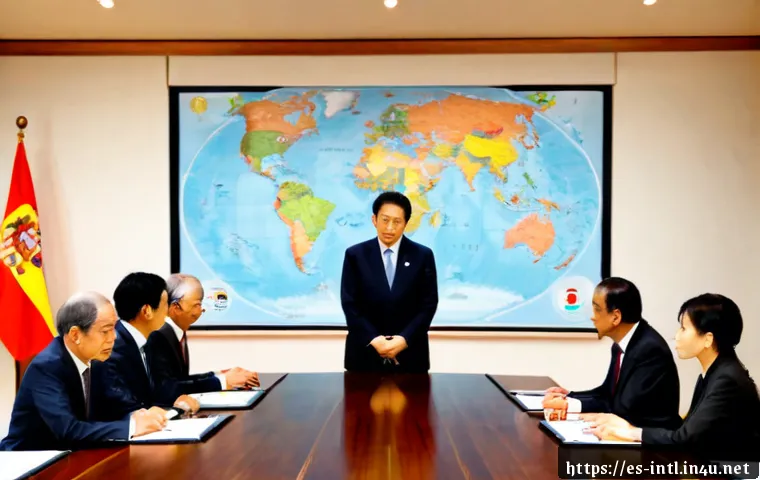 일본의 외교 정책 변화 - Photorealistic diplomatic meeting illustrating Japan’s changing foreign policy, Japanese and Spanish...